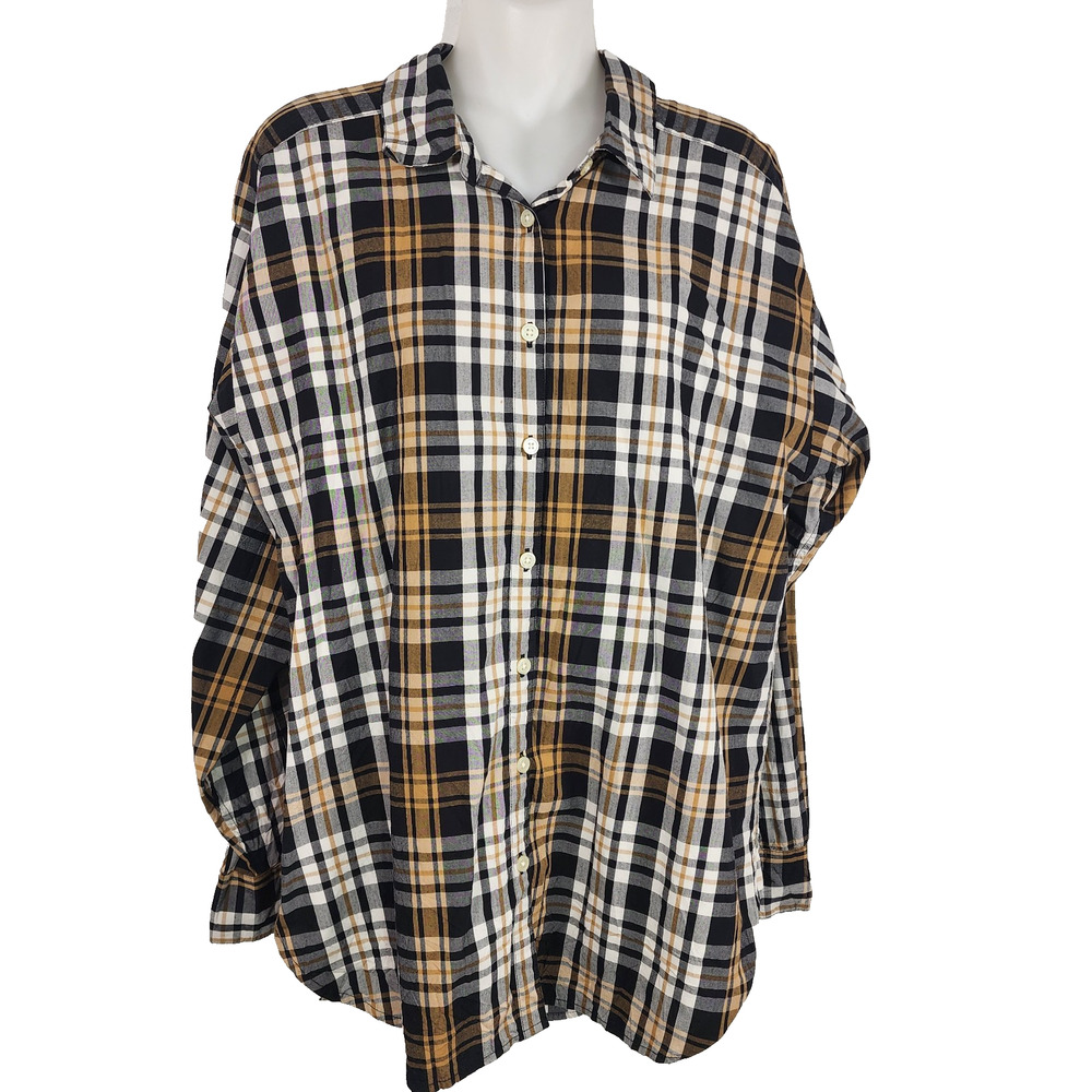 LOFT Women Shirt Black Tan Plaid Button Up Long Sleeve Casual Size Small Relaxed